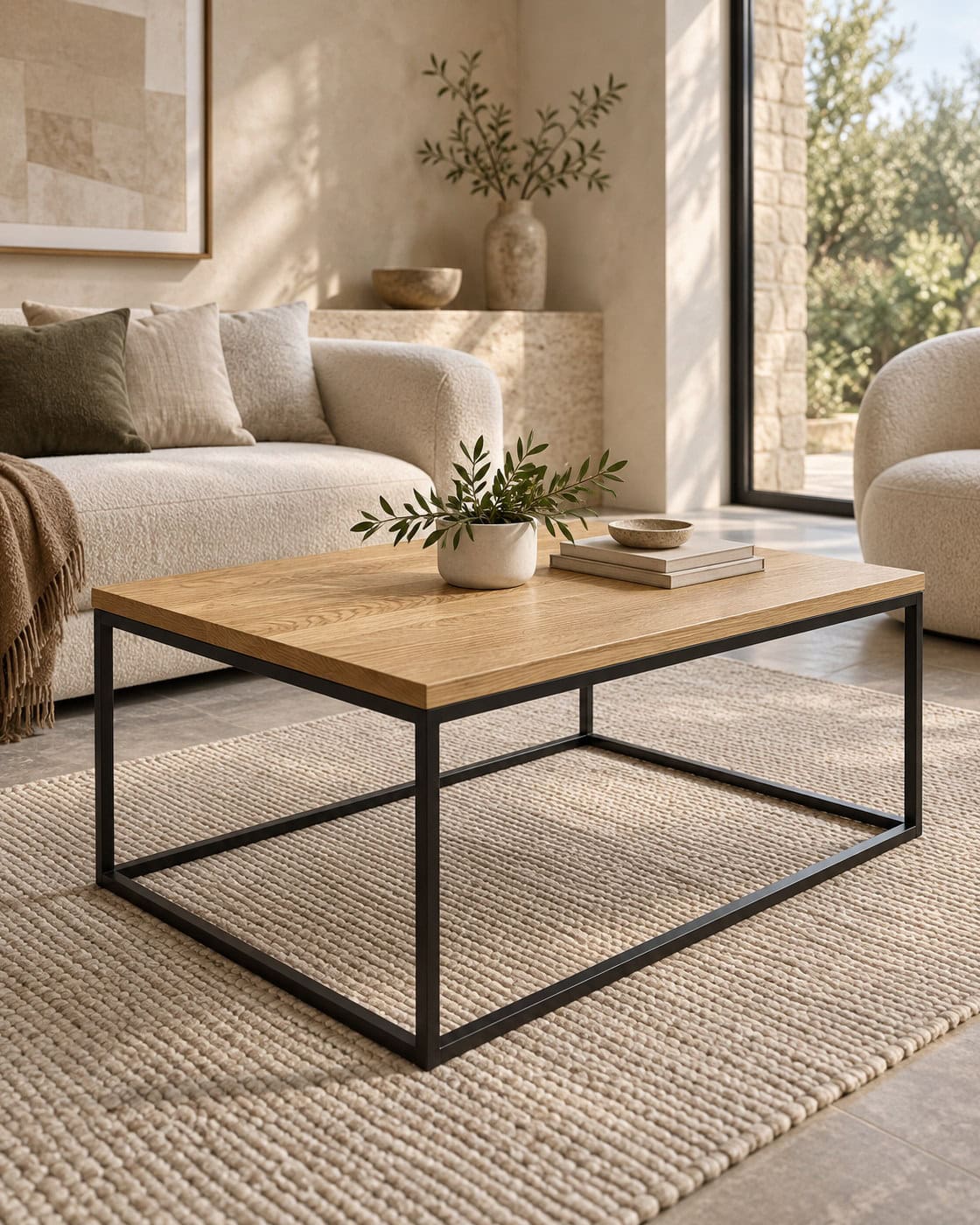 Kiuub Couchtisch aus Eiche und schwarzem Stahl in einem hochwertigen Architekturinterieur