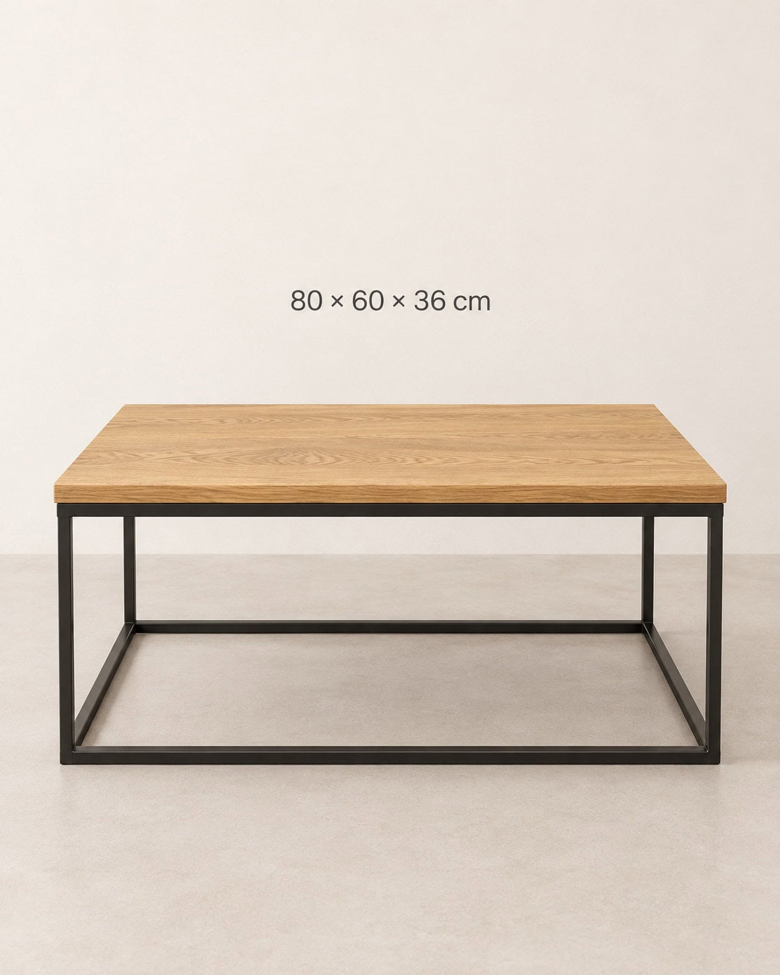 Kiuub Couchtisch aus Eiche und schwarzem Stahl mit Maßangaben 80 × 60 × 36 cm