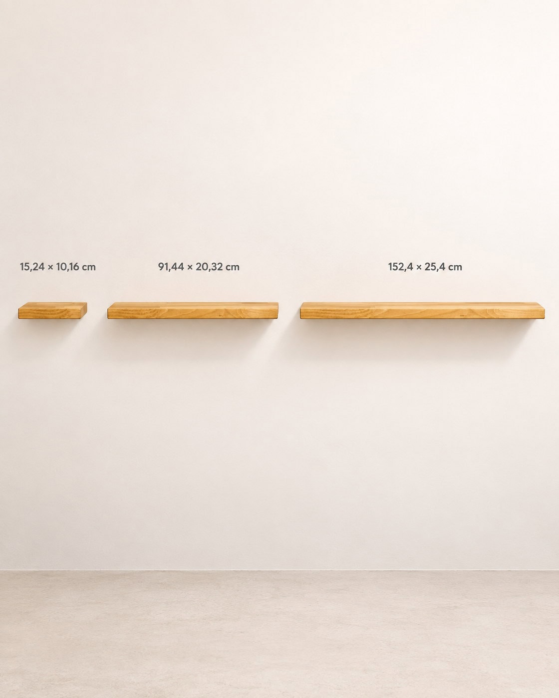 Küchen-Schweberegal aus Holz mit Maßangaben 15,24 × 10,16 cm; 91,44 × 20,32 cm; 152,4 × 25,4 cm