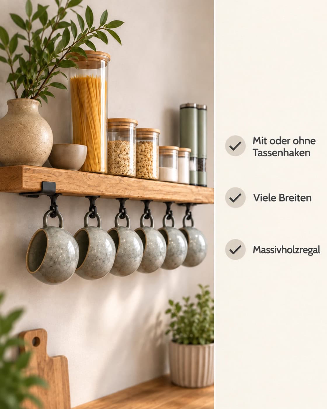 Küchenregal mit Tassenhaken – Produktdetails: Mit oder ohne Tassenhaken | Viele Breiten | Massivholzregal