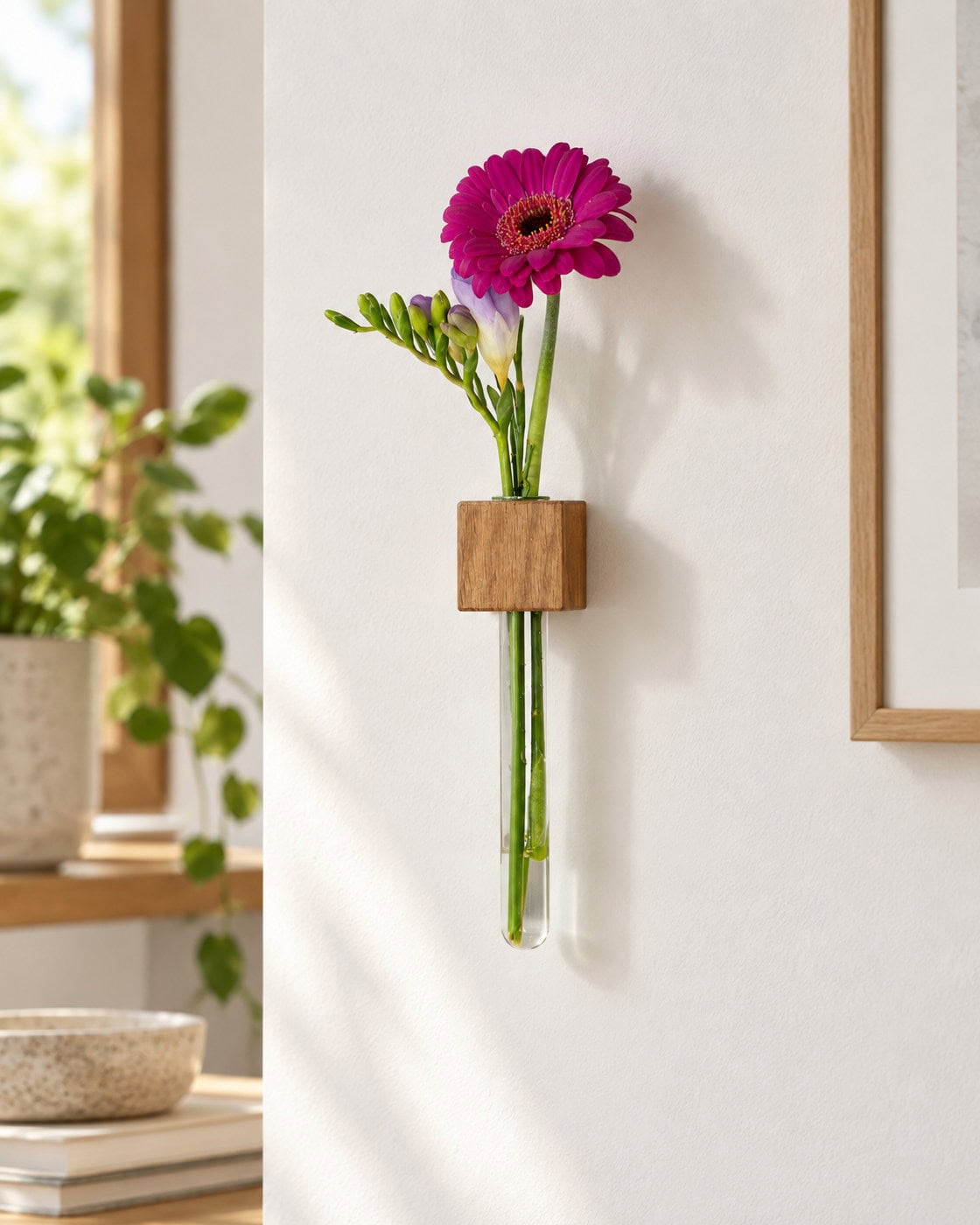 Magnetische Blumenvase aus Holz in einer anders gestalteten Umgebung