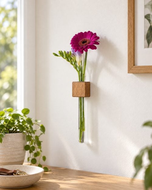 Magnetische Blumenvase aus Holz in einer passenden Anwendungssituation