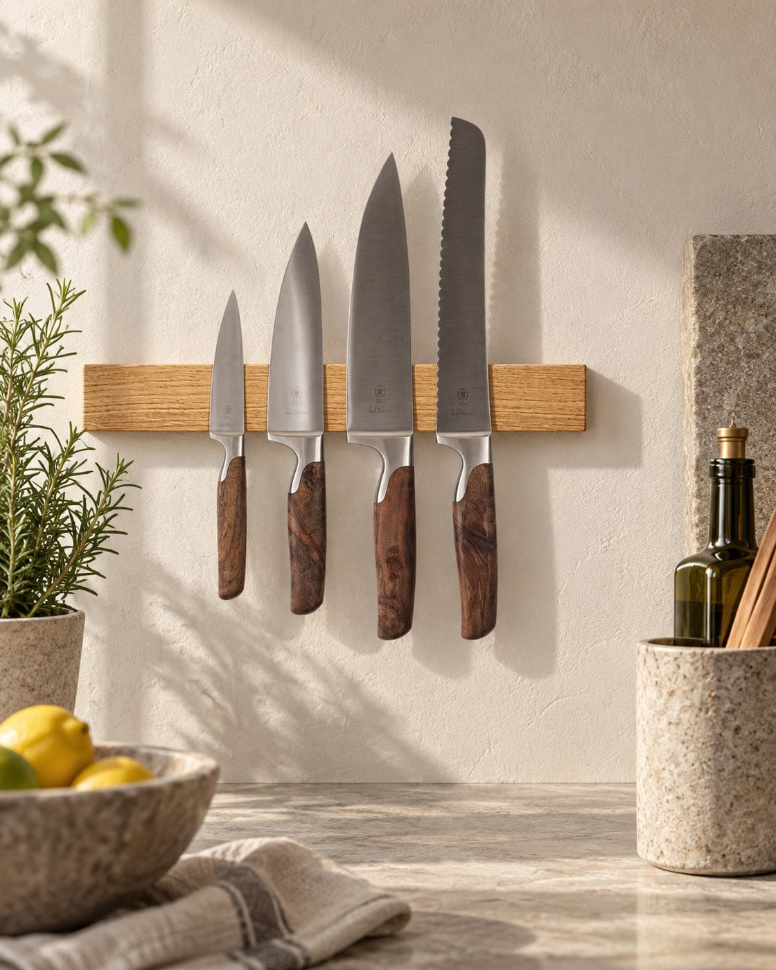Magnetische Messerleiste Eiche für 3–9 Messer in einem hochwertigen Architekturinterieur