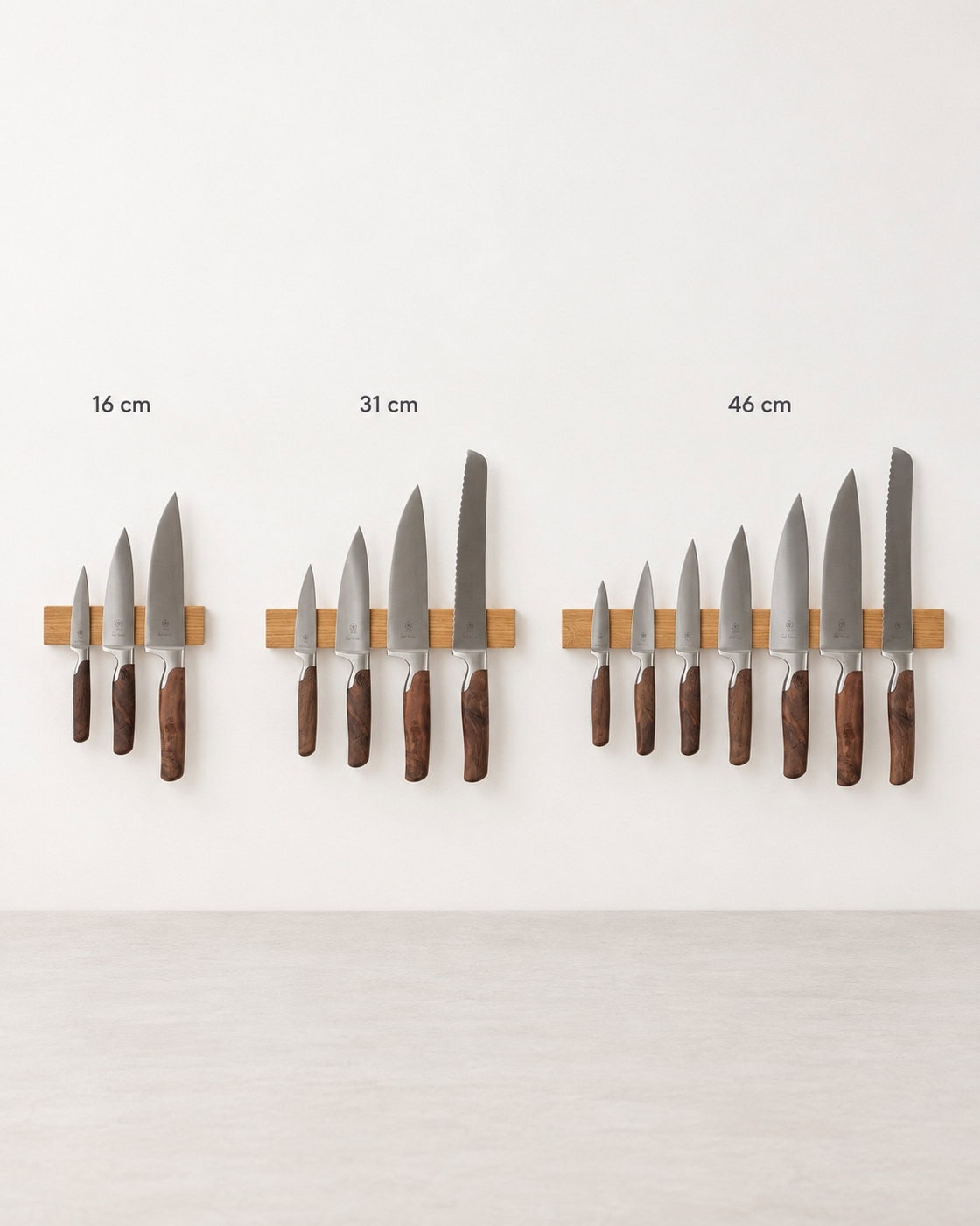 Magnetische Messerleiste Eiche für 3–9 Messer mit Maßangaben 16 cm; 31 cm; 46 cm