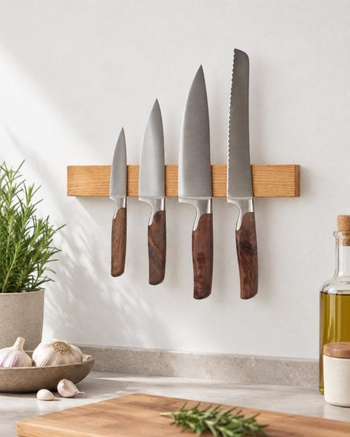 Magnetische Messerleiste Eiche für 3–9 Messer in einer passenden Anwendungssituation
