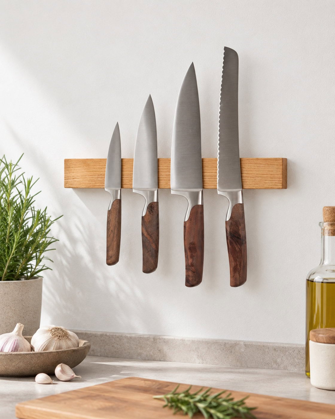 Magnetische Messerleiste Eiche für 3–9 Messer in einer passenden Anwendungssituation