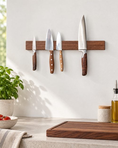 Magnetische Messerleiste Nussbaum für 3–9 Messer in einer passenden Anwendungssituation