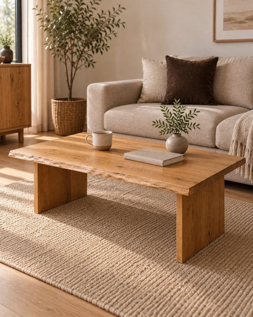 Massiver Eichen-Couchtisch mit Baumkante in einer passenden Wohnsituation