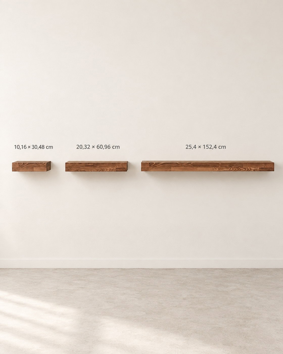 Massives Schweberegal im Nussbaumton mit Maßangaben 10,16 × 30,48 cm; 20,32 × 60,96 cm; 25,4 × 152,4 cm