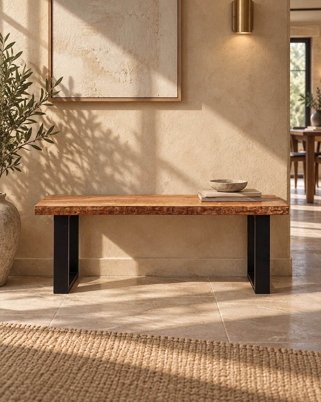 Massivholzbank Eiche mit Naturkante in einem hochwertigen Architekturinterieur