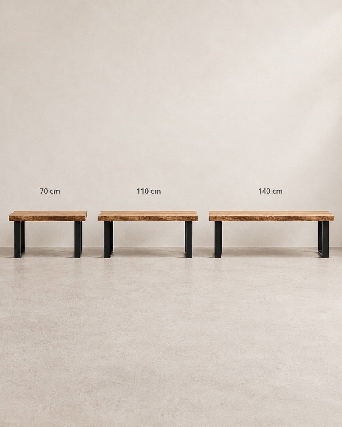 Massivholzbank Eiche mit Naturkante mit Maßangaben 70 cm; 110 cm; 140 cm