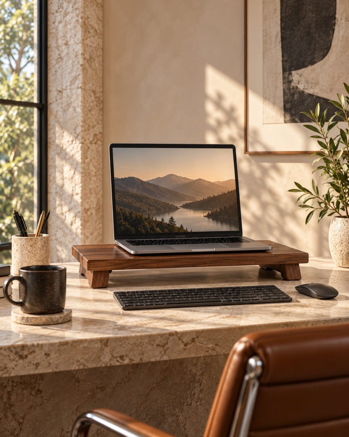 Monitorerhöhung aus massivem Nussbaum in einem hochwertigen Architekturinterieur