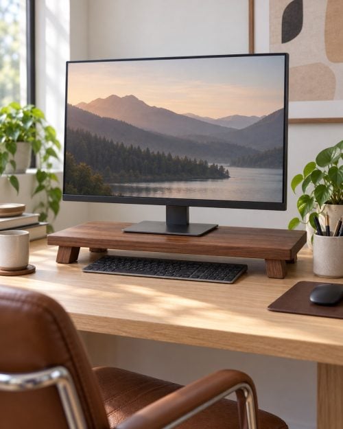 Monitorerhöhung aus massivem Nussbaum in einer passenden Wohnsituation
