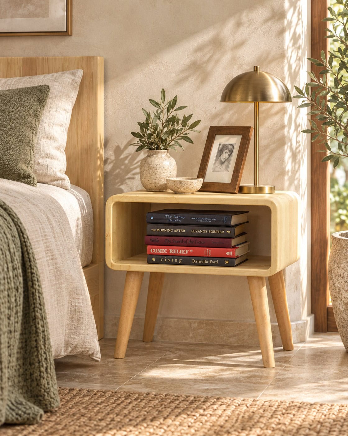 Nachttisch mit Holzbeinen in einem hochwertigen Architekturinterieur