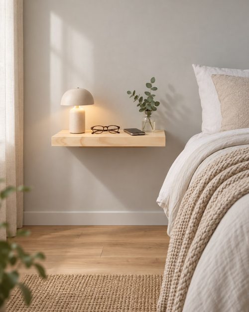 Schwebendes Nachttisch-Wandregal aus Kiefer mit freiem Boden neben dem Bett