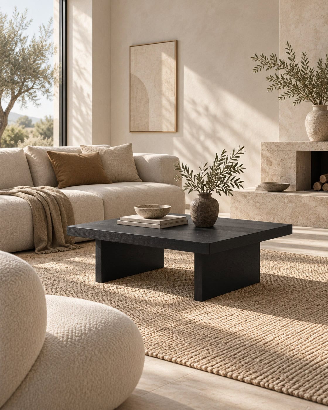 Niedriger Couchtisch aus schwarzer Eiche in einem hochwertigen Architekturinterieur