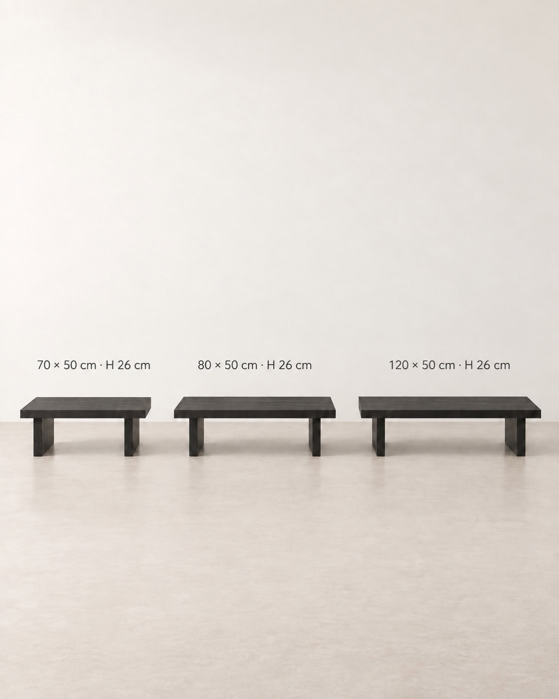 Niedriger Couchtisch aus schwarzer Eiche mit Maßangaben 70 × 50 cm; 100 × 50 cm; 120 × 50 cm