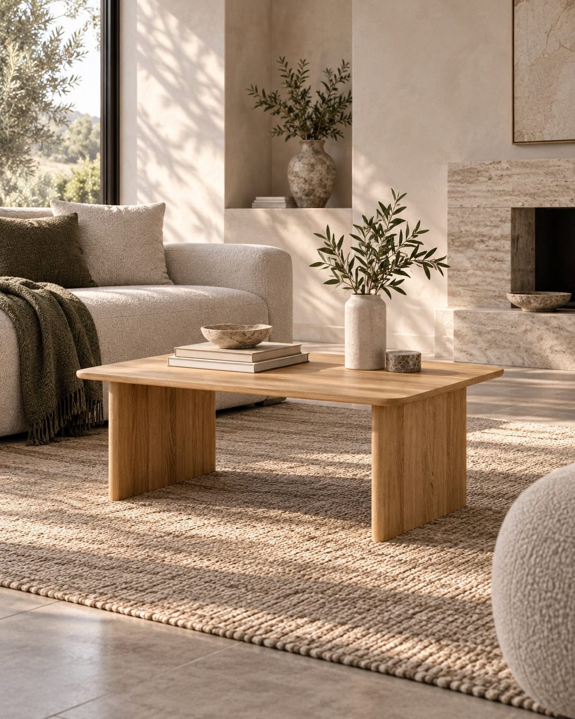 Notis Couchtisch aus massiver Eiche in einem hochwertigen Architekturinterieur