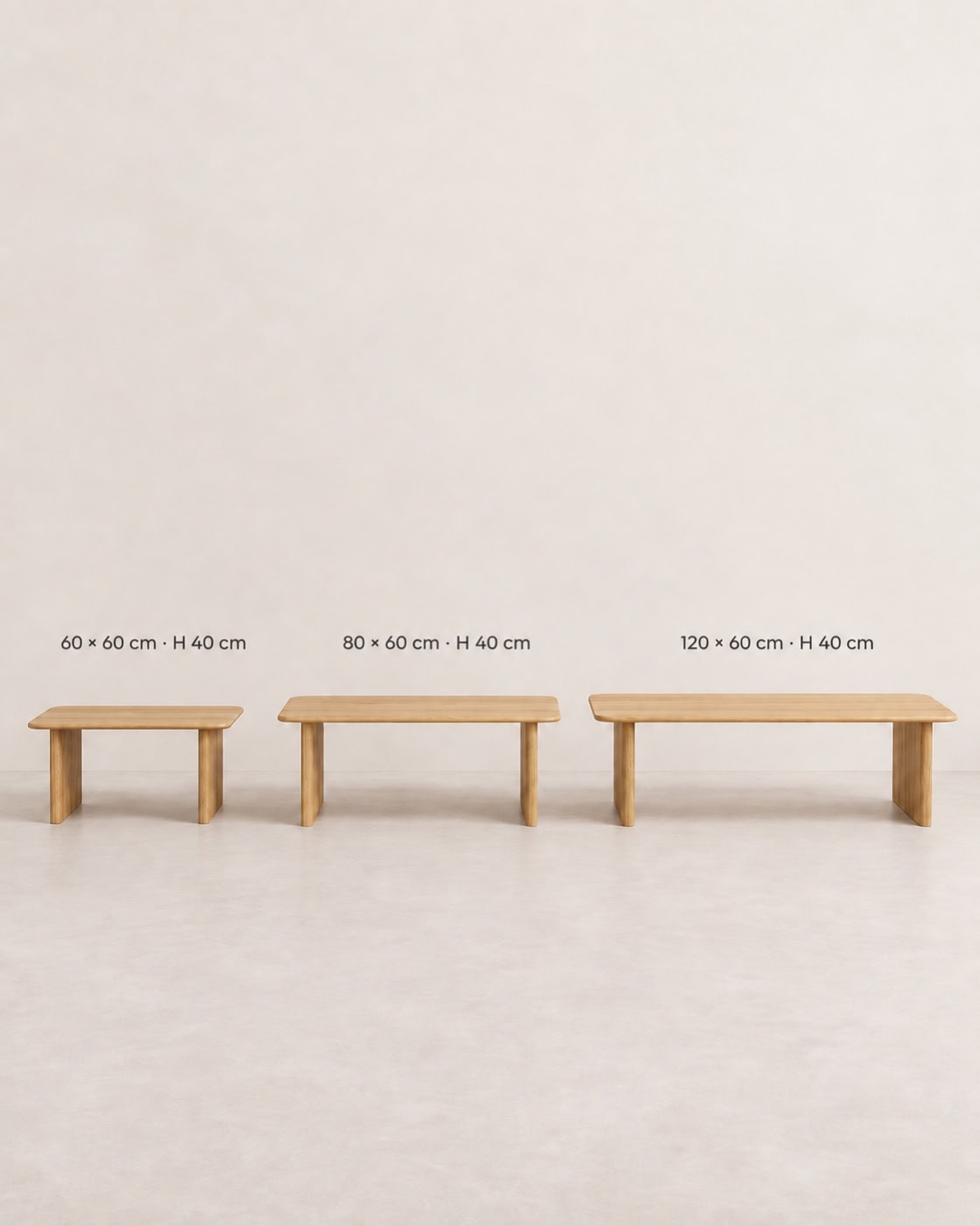 Notis Couchtisch aus massiver Eiche mit Maßangaben 80 × 40 cm; 100 × 60 cm; 134 × 60 cm