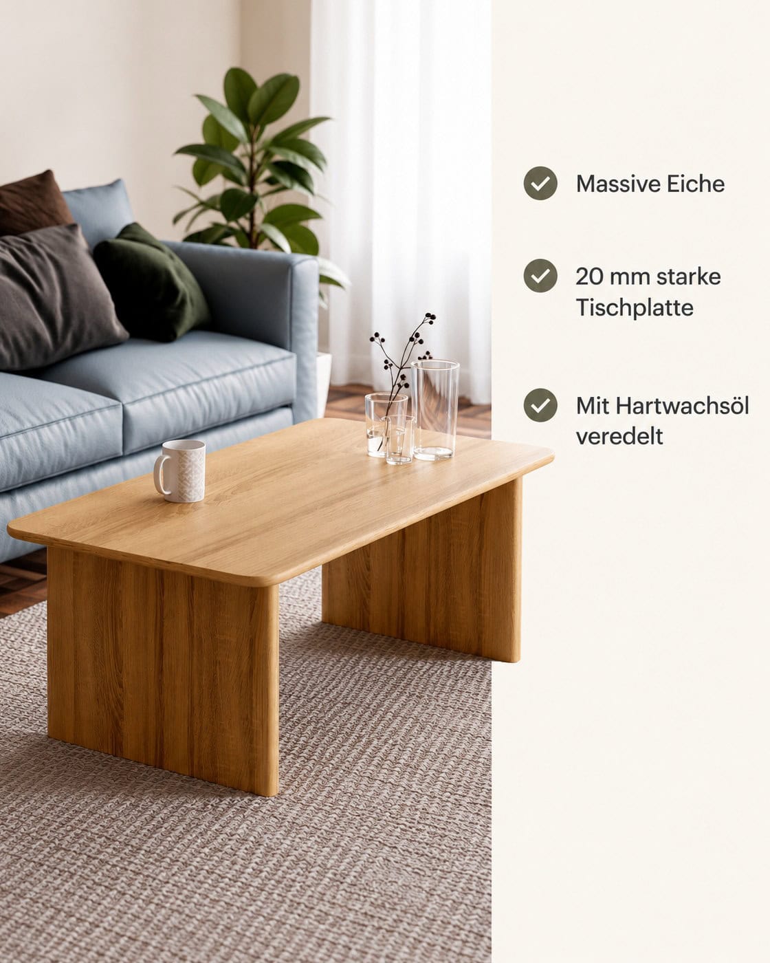 Notis Couchtisch aus massiver Eiche – Produktdetails: Massive Eiche | 20 mm starke Tischplatte | Mit Hartwachsöl veredelt