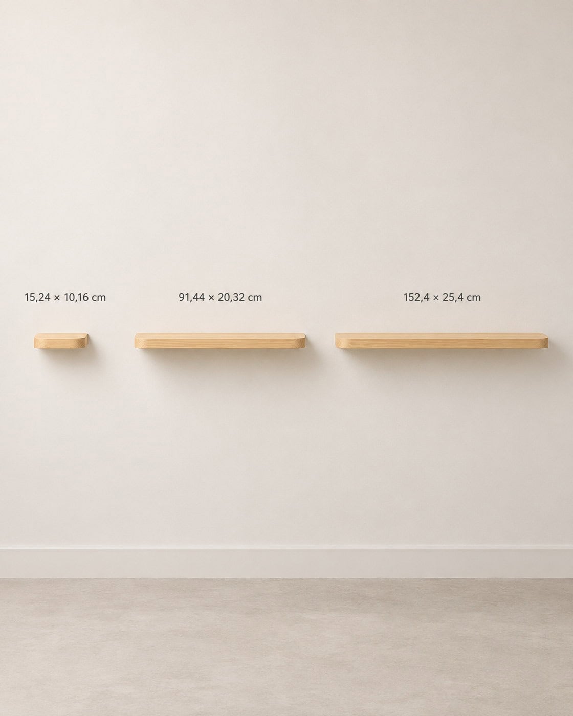 Ovales Schweberegal aus Holz mit Maßangaben 15,24 × 10,16 cm; 91,44 × 20,32 cm; 152,4 × 25,4 cm