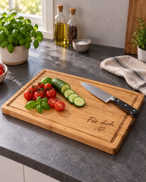 Personalisiertes Bambus-Schneidebrett als Geschenk in einer passenden Wohnsituation