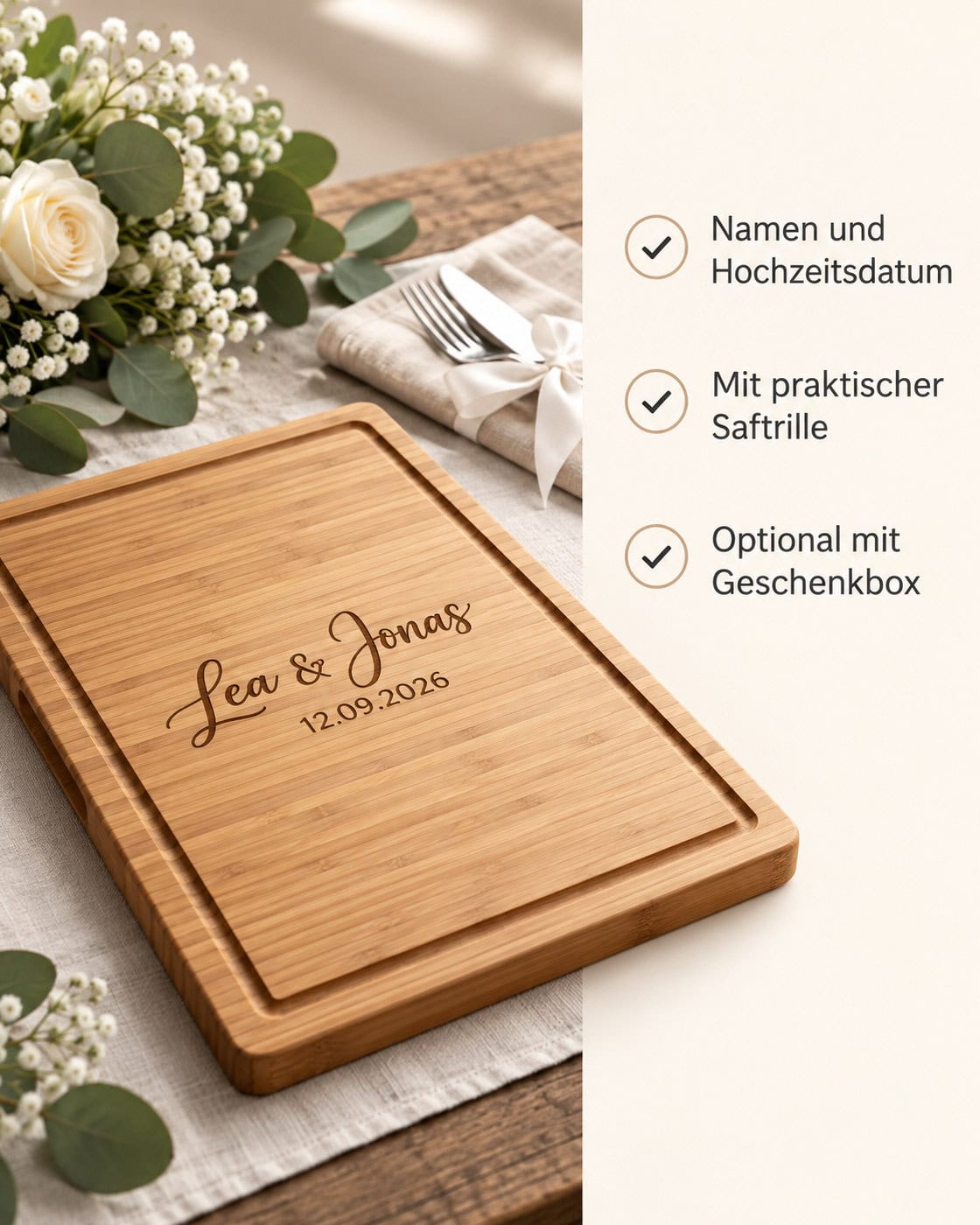 Personalisiertes Bambus-Schneidebrett zur Hochzeit – Produktdetails: Namen und Hochzeitsdatum | Mit praktischer Saftrille | Optional mit Geschenkbox