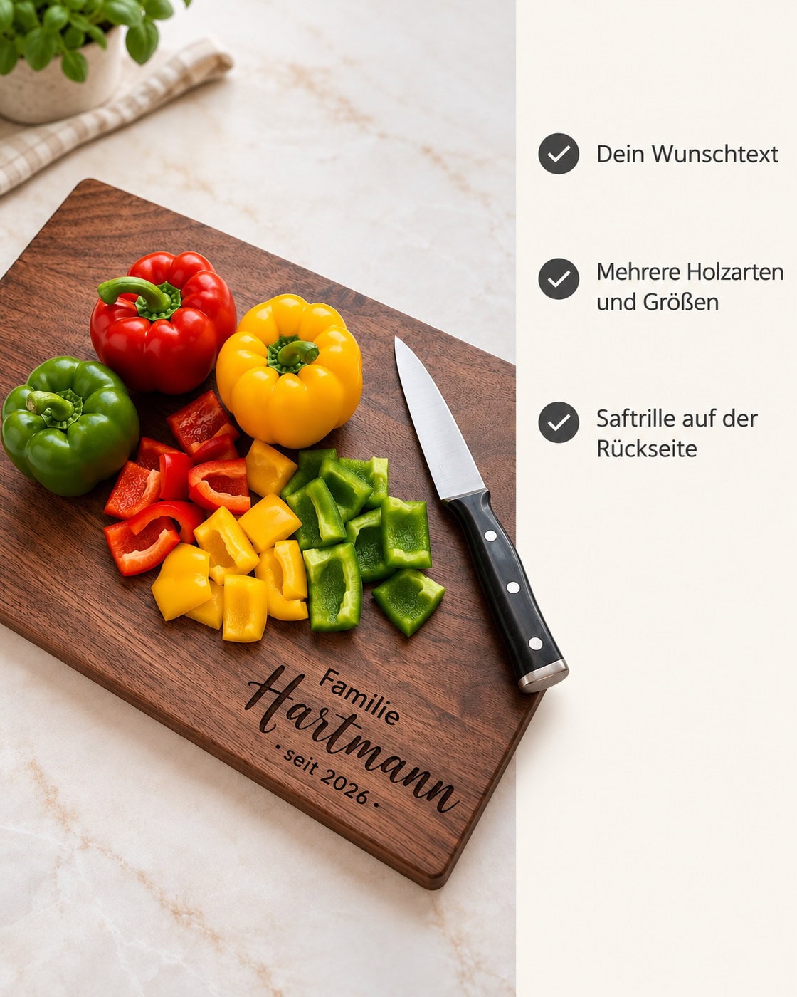 Personalisiertes Schneidebrett aus Holz mit Gravur – Produktdetails: Dein Wunschtext | Mehrere Holzarten und Größen | Saftrille auf der Rückseite