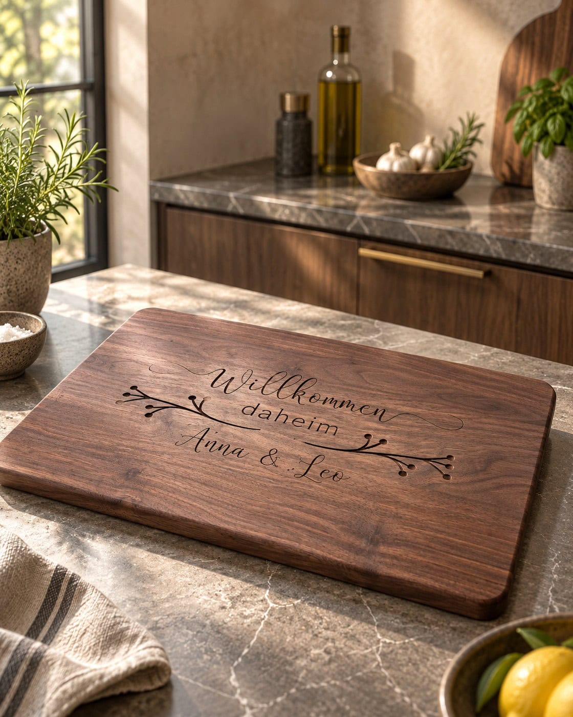 Personalisiertes Schneidebrett zum Einzug in einem hochwertigen Architekturinterieur