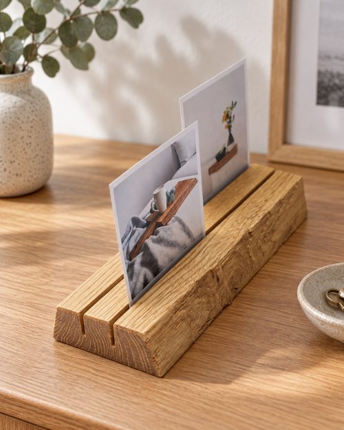Postkartenhalter Eiche mit Naturkante in einer passenden Anwendungssituation