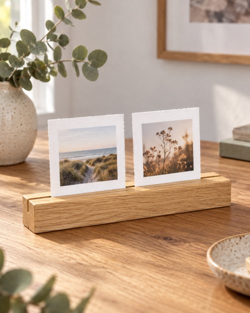 Postkartenhalter aus massiver Eiche in einer passenden Anwendungssituation