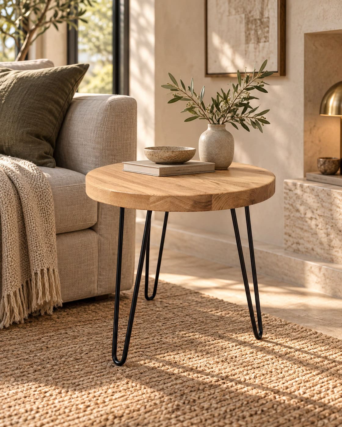 Runder Beistelltisch aus Eiche in einem hochwertigen Architekturinterieur