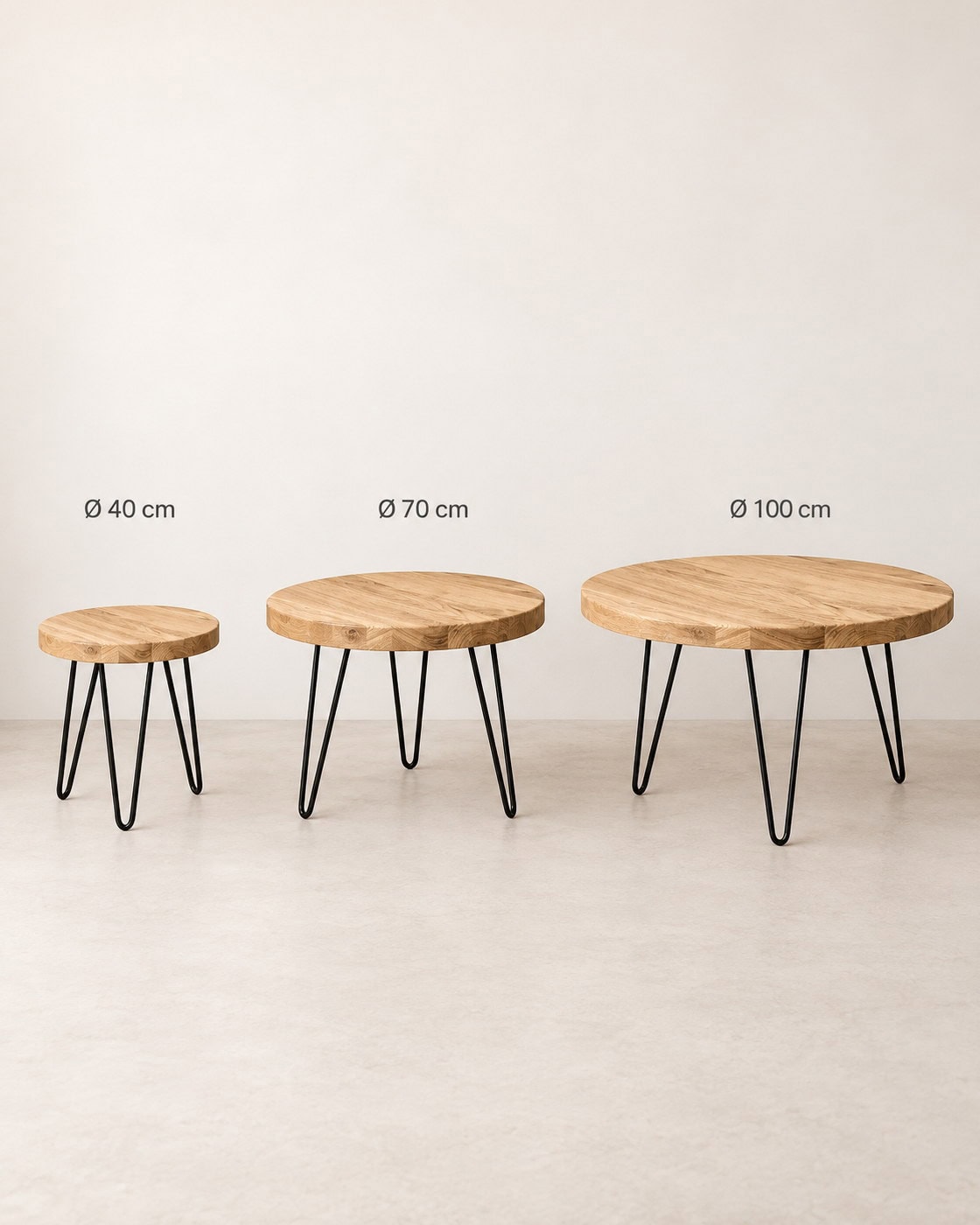 Runder Beistelltisch aus Eiche mit Maßangaben Ø 40 cm; Ø 70 cm; Ø 100 cm