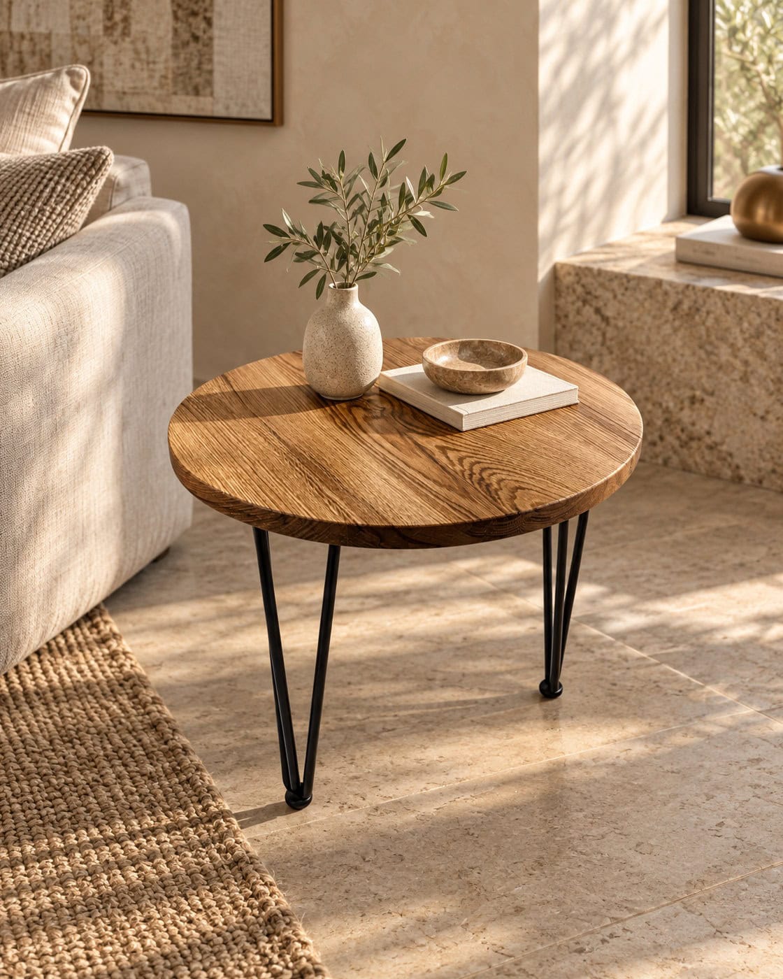 Runder Beistelltisch aus Roteiche in einem hochwertigen Architekturinterieur