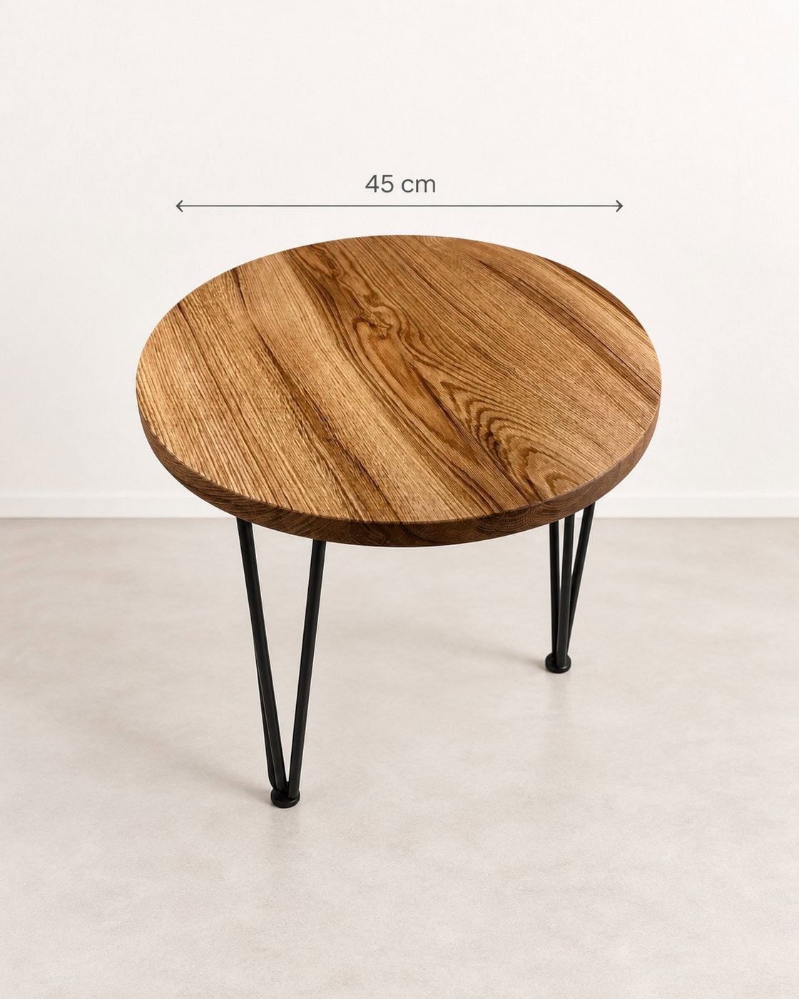 Runder Beistelltisch aus Roteiche mit Maßangaben 45 cm; 50 cm