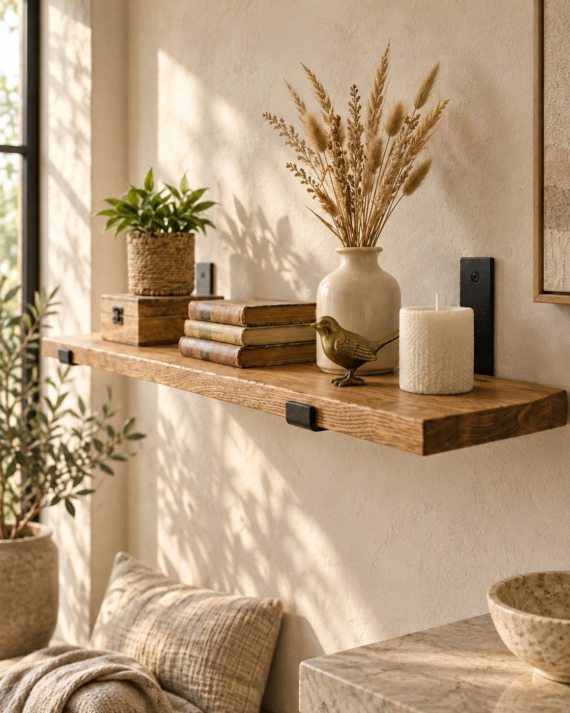 Rustikales Loft-Wandregal aus Eiche in einem hochwertigen Architekturinterieur