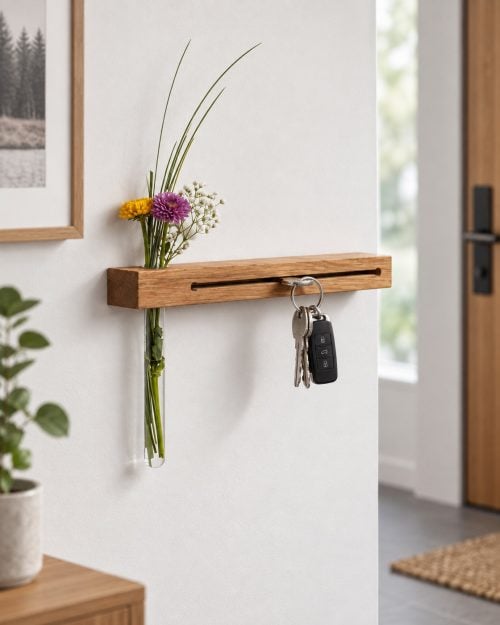 Schlüsselbrett Holz mit Blumenvase in einer passenden Anwendungssituation