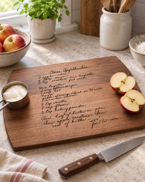 Schneidebrett mit Rezeptgravur aus Handschrift in einer passenden Wohnsituation