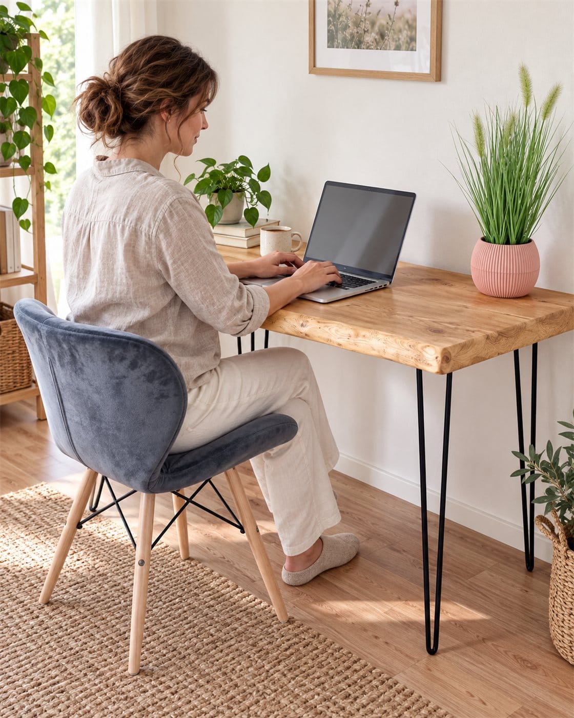 Frau arbeitet am Laptop an einem Schreibtisch aus Kiefer mit Baumkante und schwarzen Metallbeinen