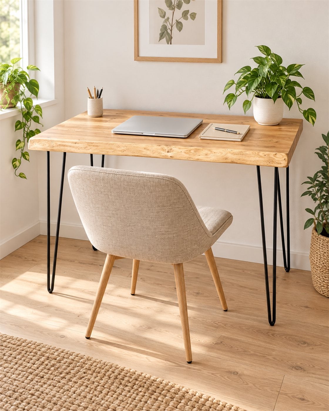 Schreibtisch aus massiver Kiefer mit natürlicher Vorderkante und schwarzen Hairpin-Beinen im hellen Homeoffice