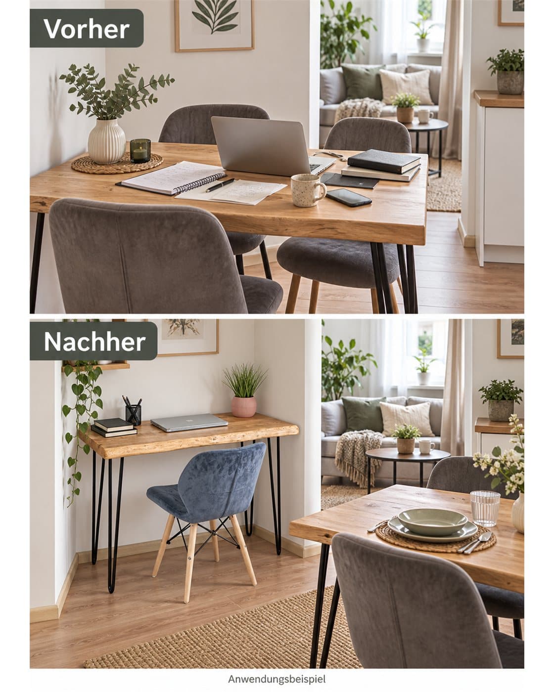 Vorher-Nachher-Beispiel mit freigeräumtem Esstisch und eigenem Arbeitsplatz am Kiefernschreibtisch
