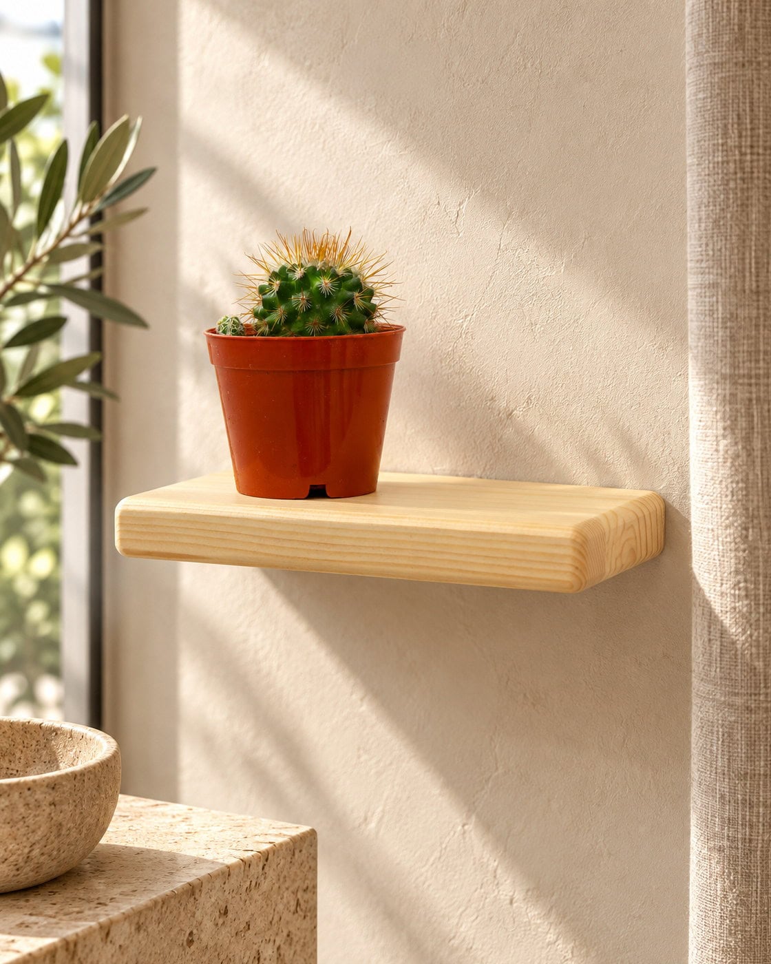 Schweberegal aus Naturholz nach Maß in einem hochwertigen Architekturinterieur