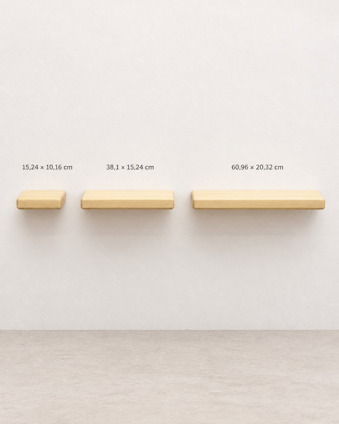 Schweberegal aus Naturholz nach Maß mit Maßangaben 15,24 × 10,16 cm; 38,1 × 15,24 cm; 60,96 × 20,32 cm