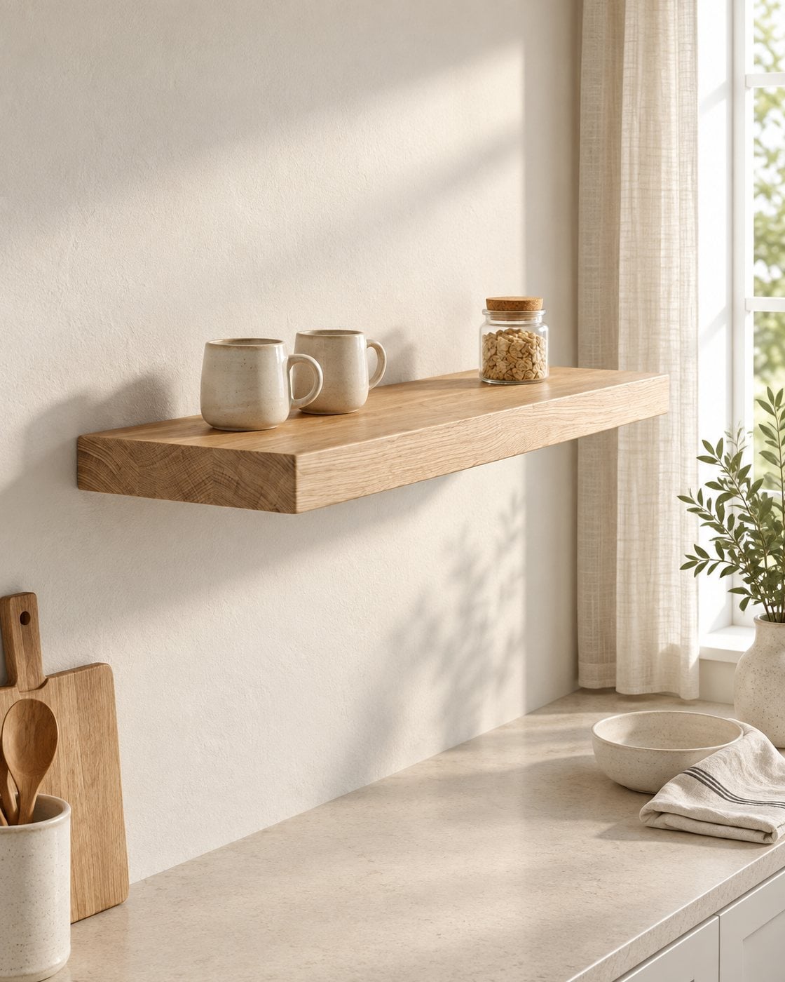 Schwebendes Wandregal aus massiver Eiche mit zwei Keramiktassen und einem Vorratsglas über einer hellen Arbeitsplatte