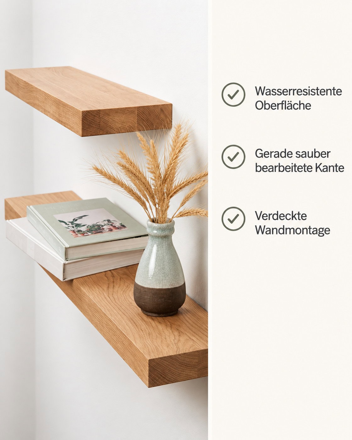 Schweberegal Eiche ohne Baumkante – Produktdetails: Wasserresistente Oberfläche | Gerade sauber bearbeitete Kante | Verdeckte Wandmontage