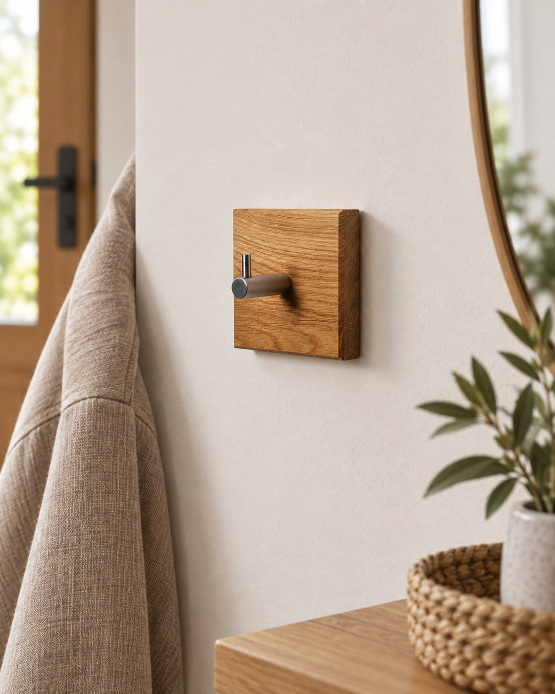 Selbstklebende Garderobenhaken aus Holz in einer anders gestalteten Umgebung