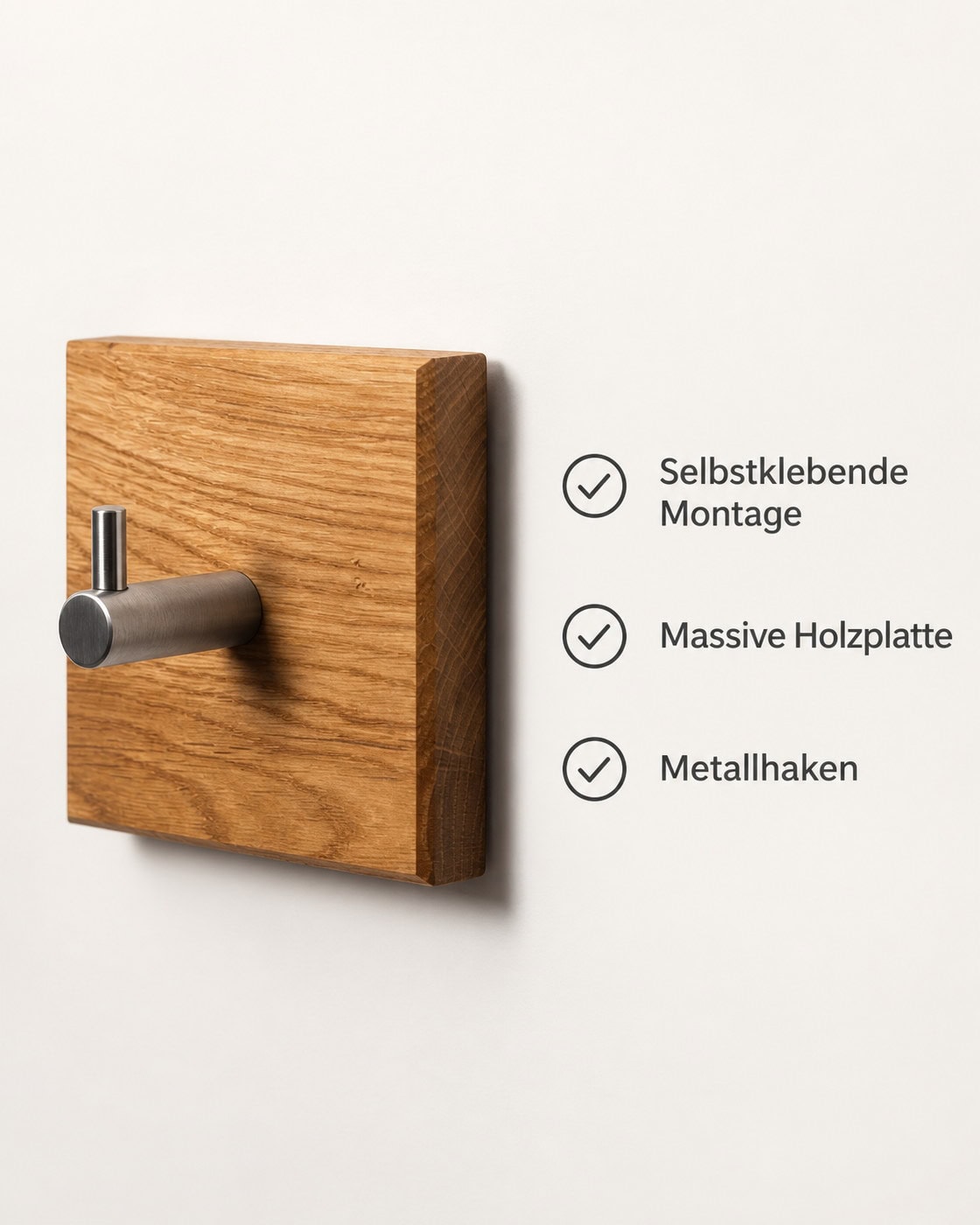 Selbstklebende Garderobenhaken aus Holz – Produktdetails: Selbstklebende Montage | Massive Holzplatte | Metallhaken