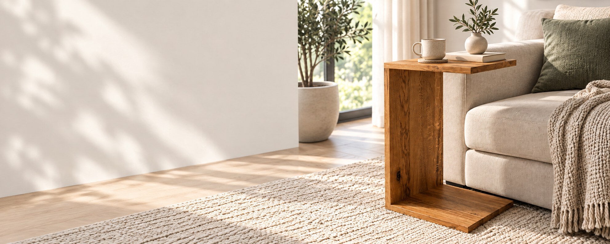 C-foermiger Beistelltisch aus Holz neben einem Sofa