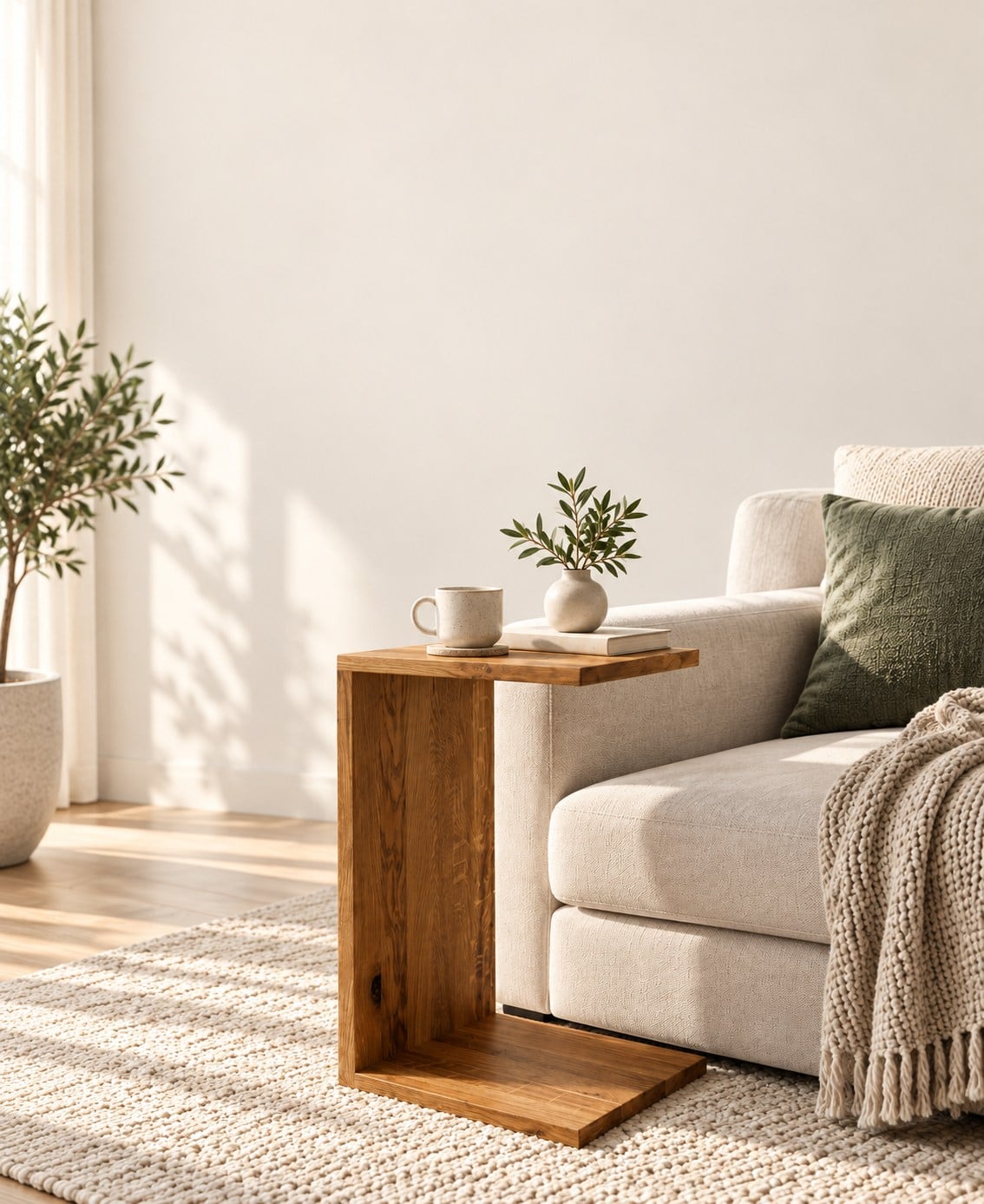 C-foermiger Beistelltisch aus Holz neben einem Sofa