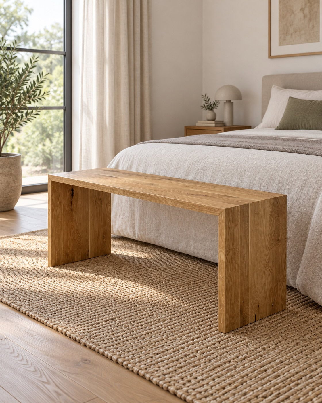 Sitzbank aus massiver Eiche 100 × 30 × 45 cm in einer anders gestalteten Umgebung